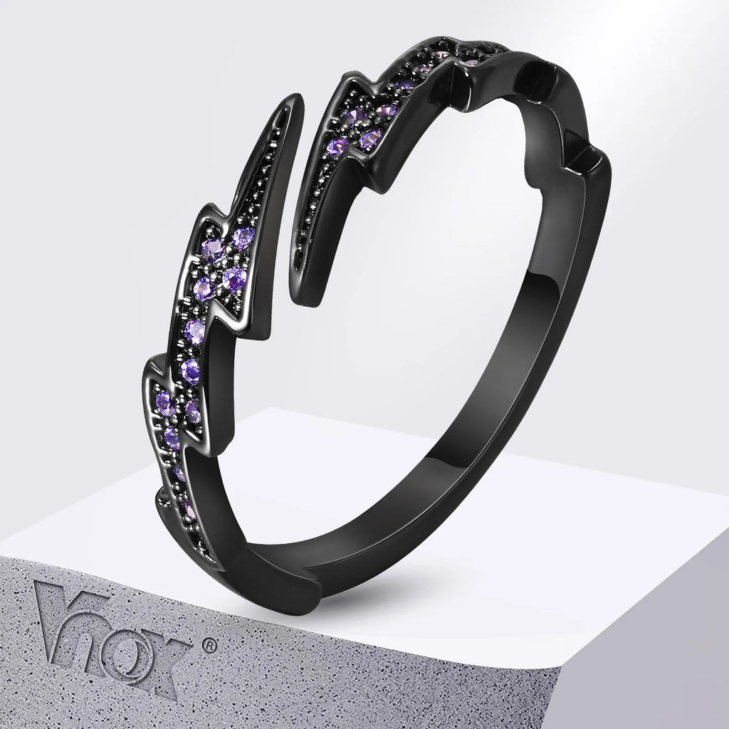 Gothic Black Lightning Purple Stone Open Ring