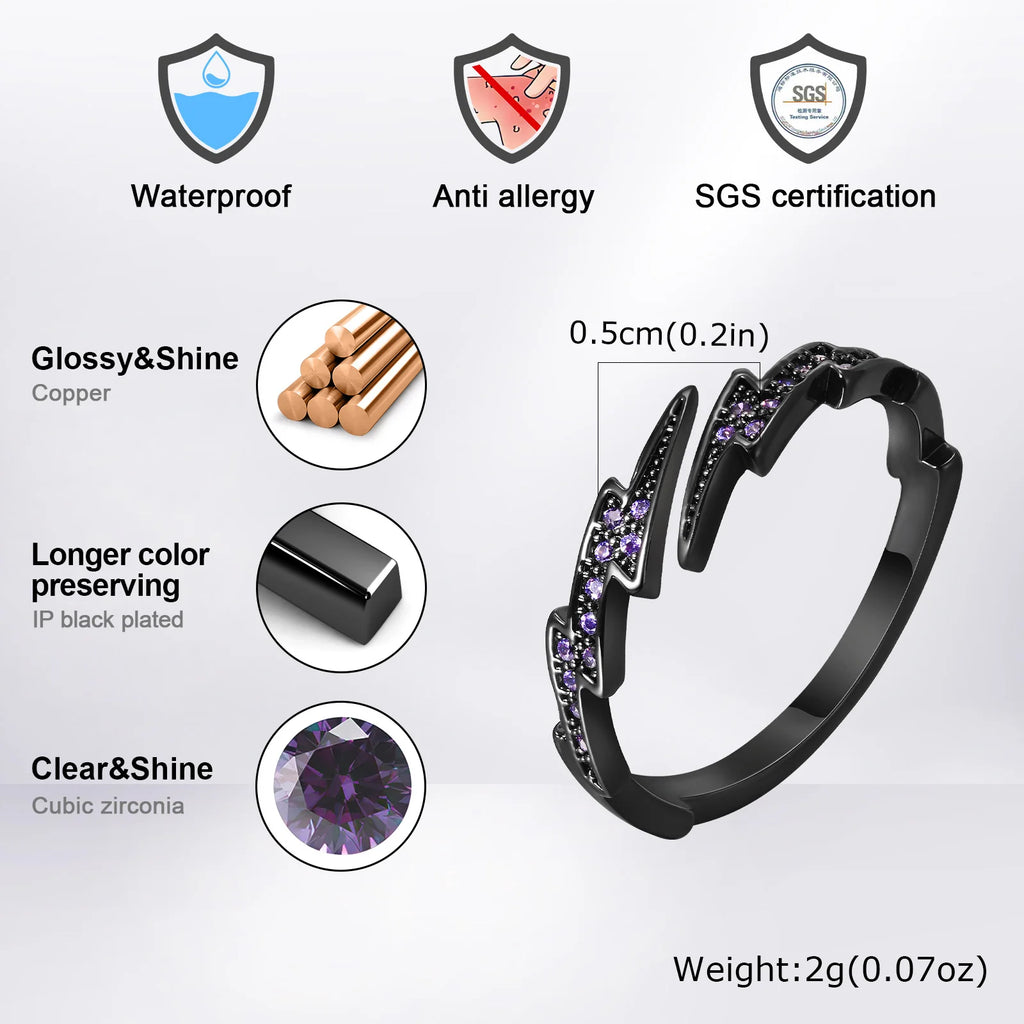 Gothic Black Lightning Purple Stone Open Ring