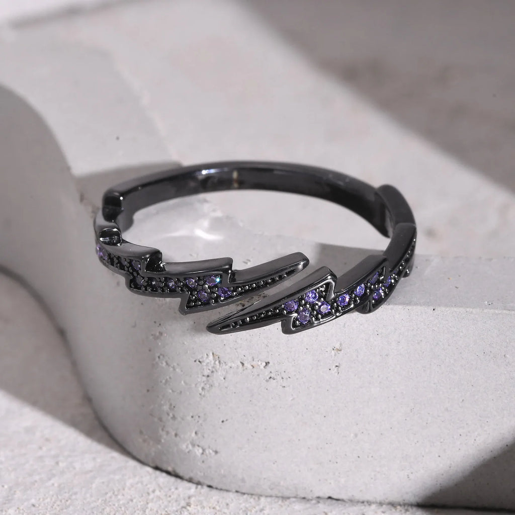 Gothic Black Lightning Purple Stone Open Ring