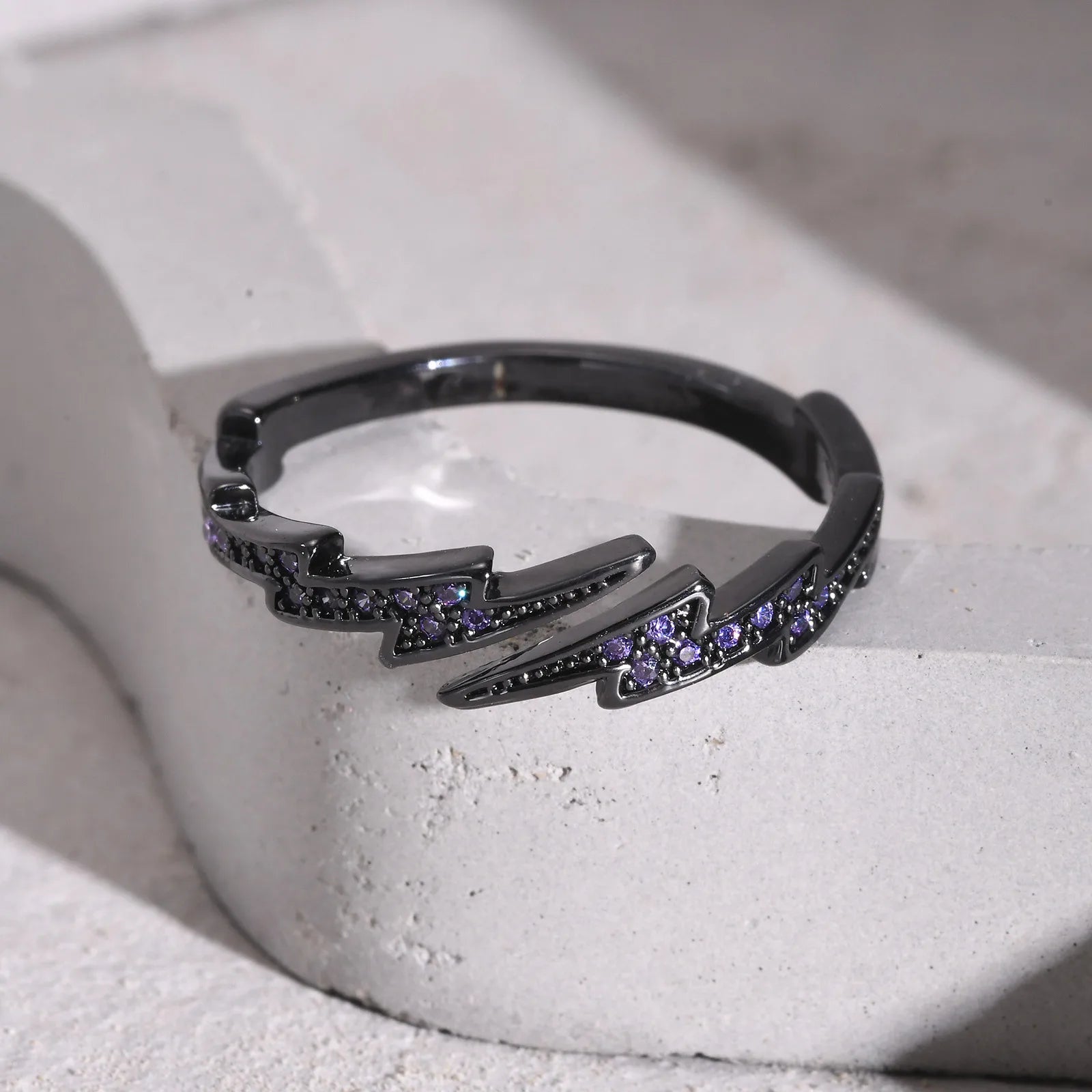 Gothic Black Lightning Purple Stone Open Ring