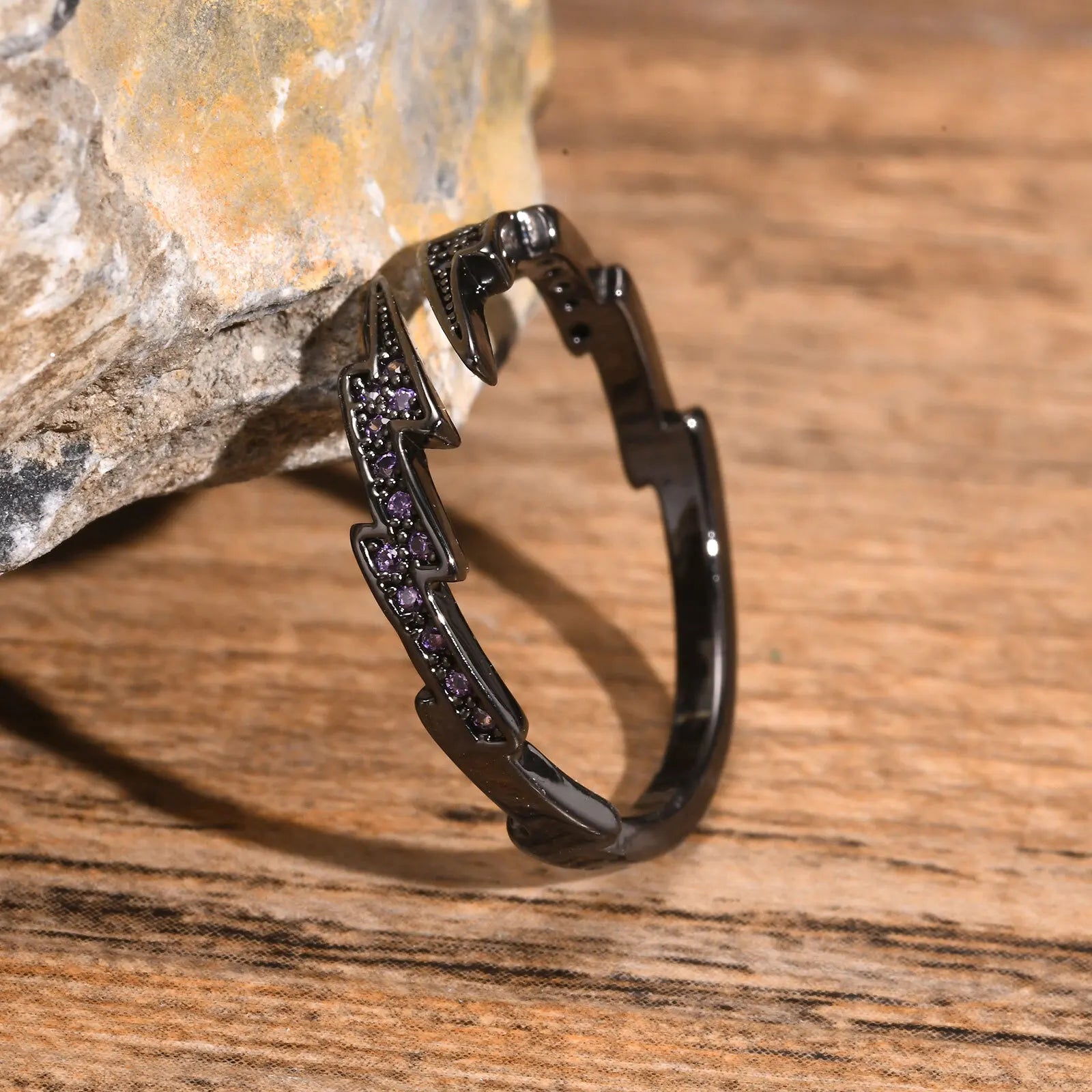 Gothic Black Lightning Purple Stone Open Ring