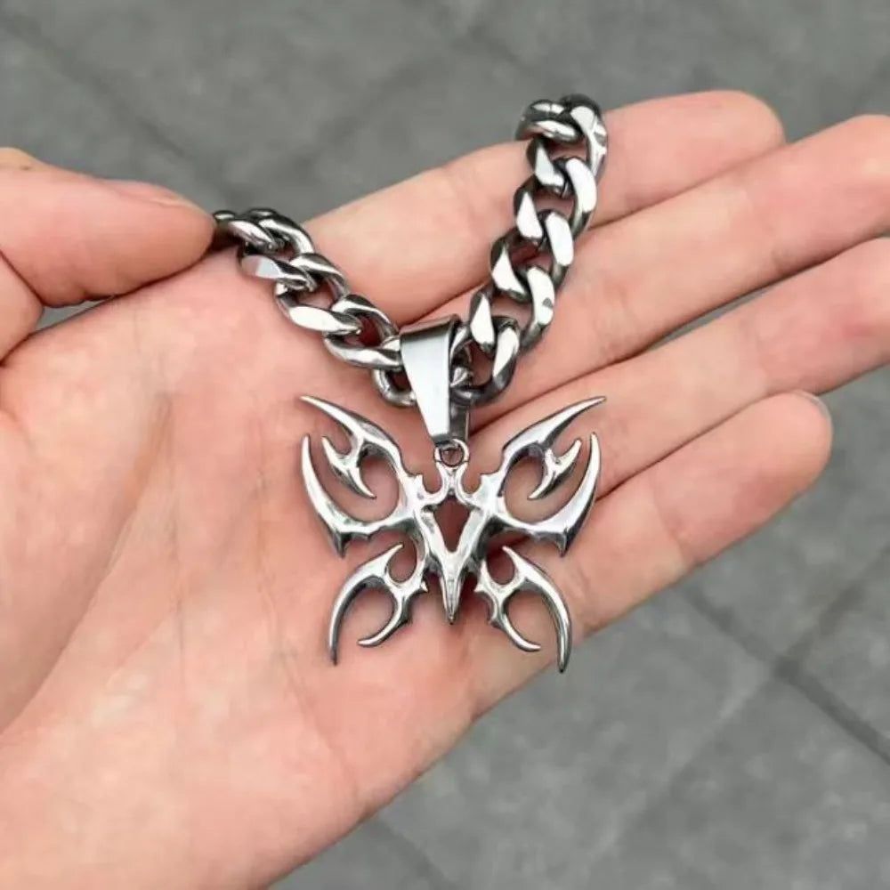 Gothic Butterfly Stainless Steel Cuban Chain Necklace