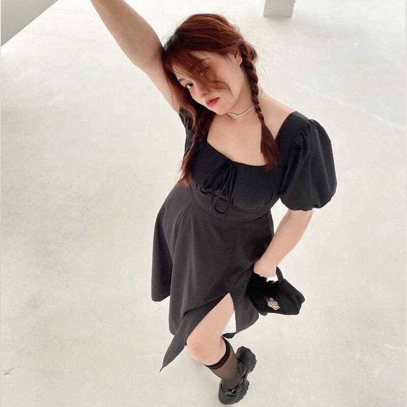 HOUZHOU Gothic Plus Size Dress Women 4XL Black Sexy Square Collar Split A-line Midi Dress Summer Korean Fashion Streetwear Goth 