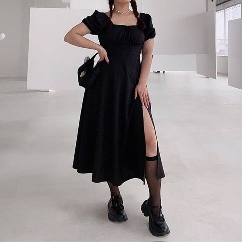 HOUZHOU Gothic Plus Size Dress Women 4XL Black Sexy Square Collar Split A-line Midi Dress Summer Korean Fashion Streetwear Goth 
