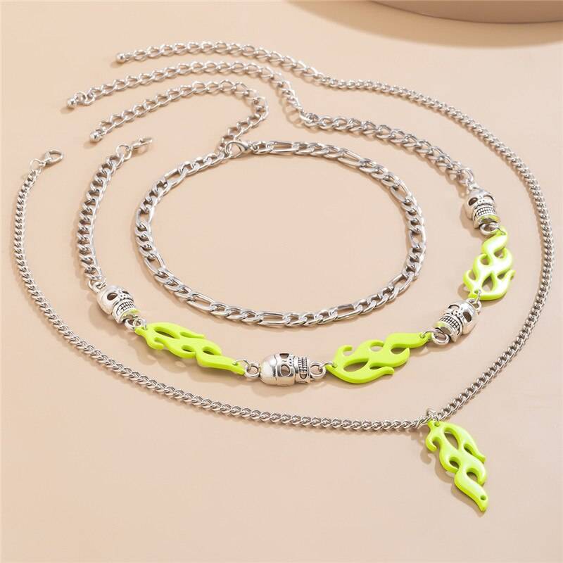 Hangzhi European and American Exaggerated Punk Hip-hop Style Multi-layer Tassel Green Flame Skull Necklace Set for Women Jewelry 