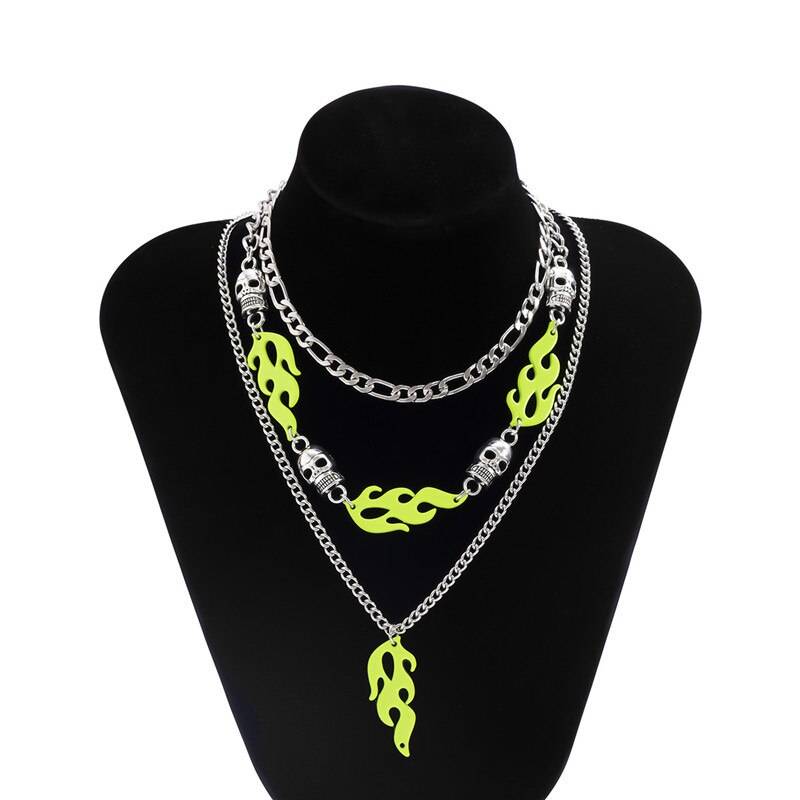 Hangzhi European and American Exaggerated Punk Hip-hop Style Multi-layer Tassel Green Flame Skull Necklace Set for Women Jewelry 