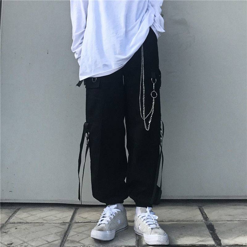 Harajuku Black Cargo Pants Men Women Punk Streetwear Korean Style Fashion High Waist Pants Spring Plus Size Trousers Male 
