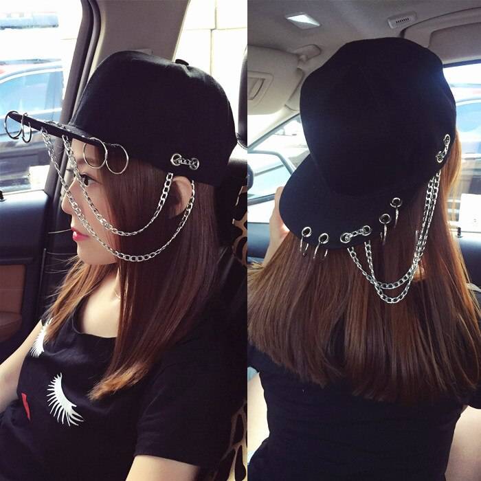 Harajuku Fashion SWAG Rivet Chains Baseball Caps Hip Hop Hat Iron Hoop Snapback Cap Trend Couple Dance Baseball Cap For Women color: black size: Adjustable 