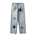 Harajuku Spider Embroidery Washed Retro Mens Jeans Straight High Street Oversize Ripped Denim Trousers Loose Hip Hop Jean Pants 