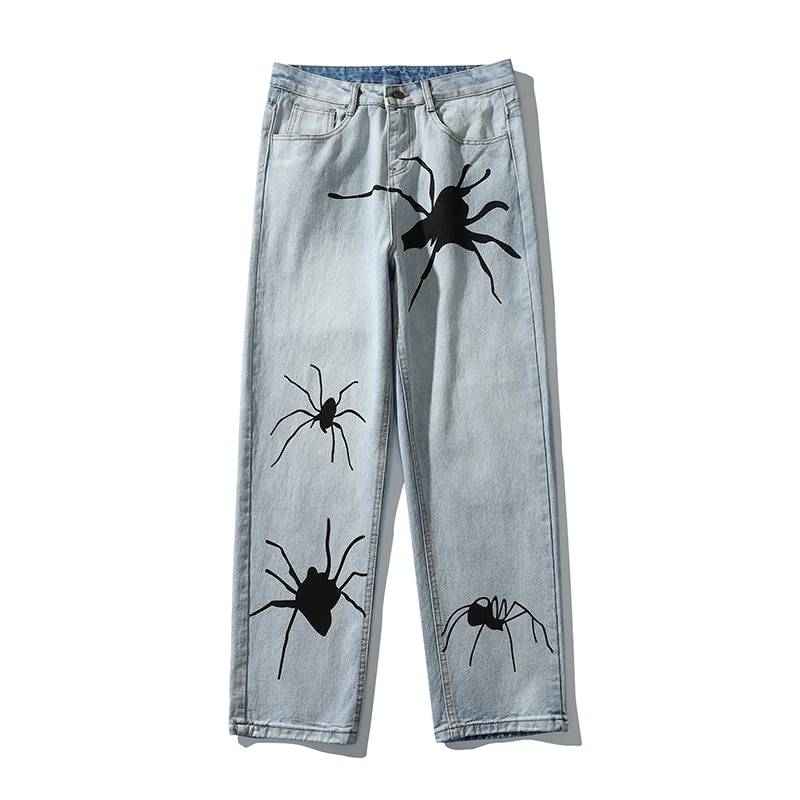 Harajuku Spider Embroidery Washed Retro Mens Jeans Straight High Street Oversize Ripped Denim Trousers Loose Hip Hop Jean Pants 