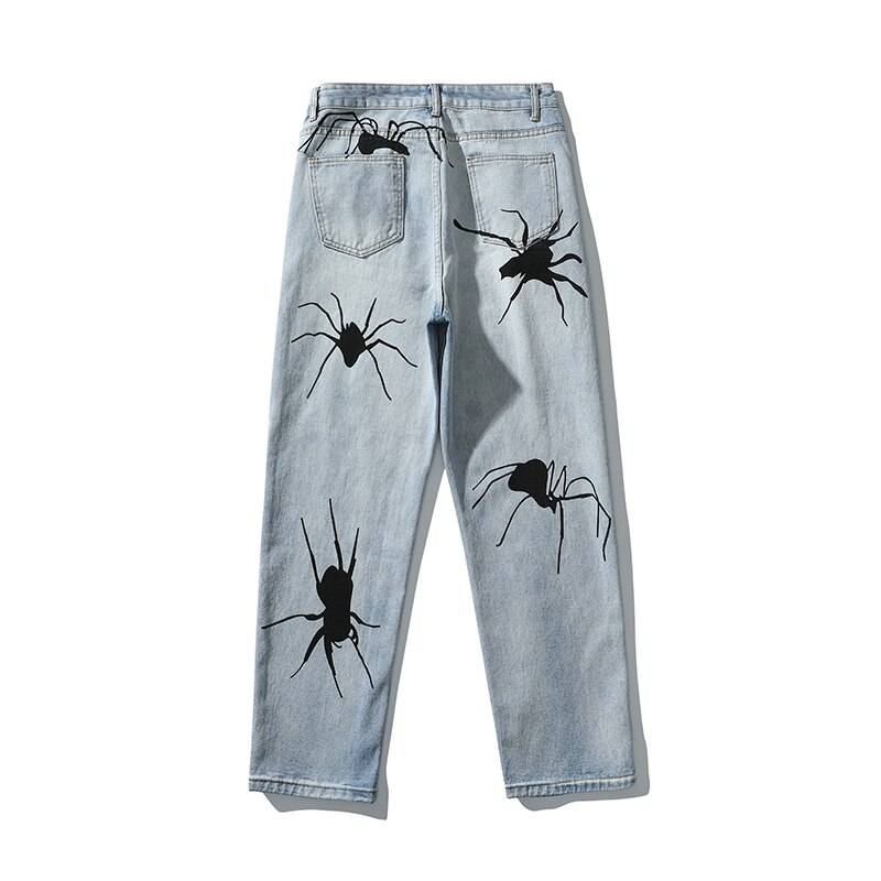 Harajuku Spider Embroidery Washed Retro Mens Jeans Straight High Street Oversize Ripped Denim Trousers Loose Hip Hop Jean Pants 