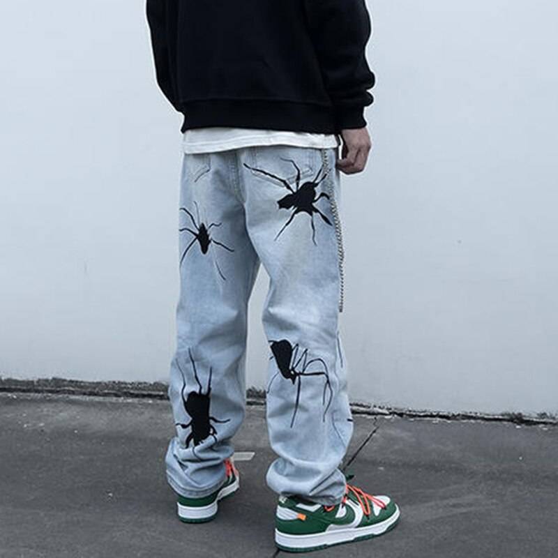 Harajuku Spider Embroidery Washed Retro Mens Jeans Straight High Street Oversize Ripped Denim Trousers Loose Hip Hop Jean Pants 