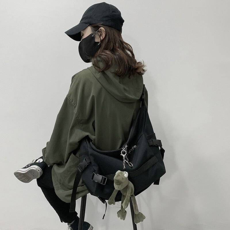 Harajuku Techwear Canvas Sling Bag Gothic Crossbody Bags For Women Handbag Purses And Handbags Bolsas Feminina Shoulder Bag Frog color: Black with Frog 