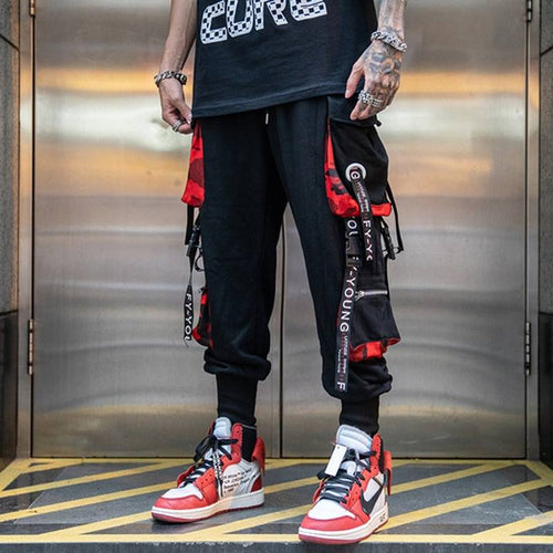 Hip Hop Joggers Men Letter Ribbons Cargo Pants Pockets Track Tactical Casual Techwear Male Trousers Sweatpants Sport Streetwear Men's Techwear Cargo Pants Men's Techwear Pants Black Techwear Techwear Fashion &amp; Clothing Techwear for Boys Techwear for Men 