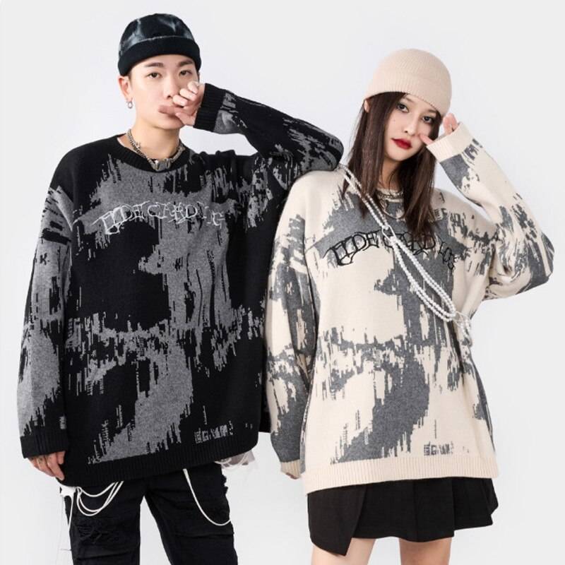 Hip Hop Men&#8217;s Sweater Pullover Autumn And Winter Harajuku Streetwear Print High Street Female Knitted Sweater Coat Loose Tops 