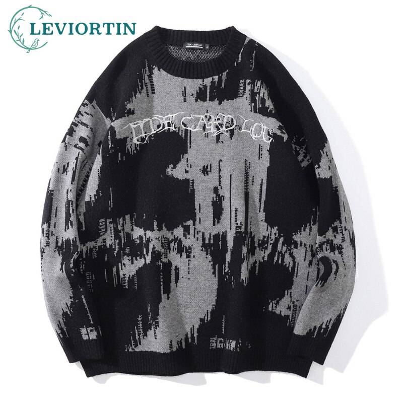 Hip Hop Men’s Sweater Pullover Autumn And Winter Harajuku Streetwear Print High Street Female Knitted Sweater Coat Loose Tops color: black size: L 