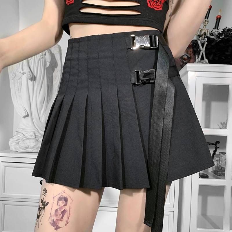 InsGoth Punk Metal Buckle Black Skirt Goth Harajuku High Waist Pleated Skirts Streetwear Grunge Mini Skirts Women Y2K Techwear 