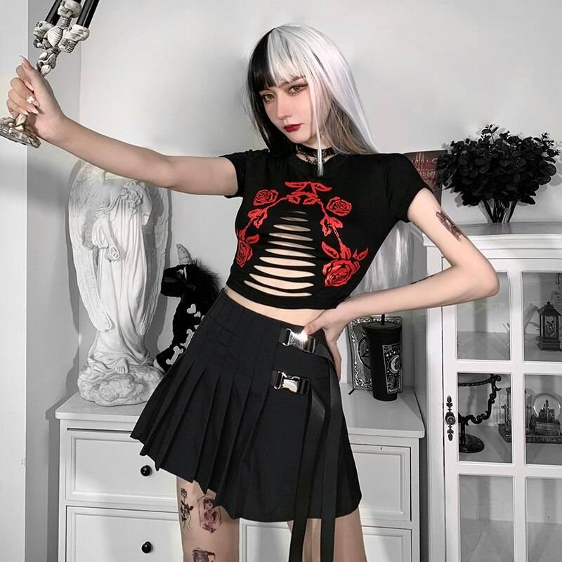 InsGoth Punk Metal Buckle Black Skirt Goth Harajuku High Waist Pleated Skirts Streetwear Grunge Mini Skirts Women Y2K Techwear 