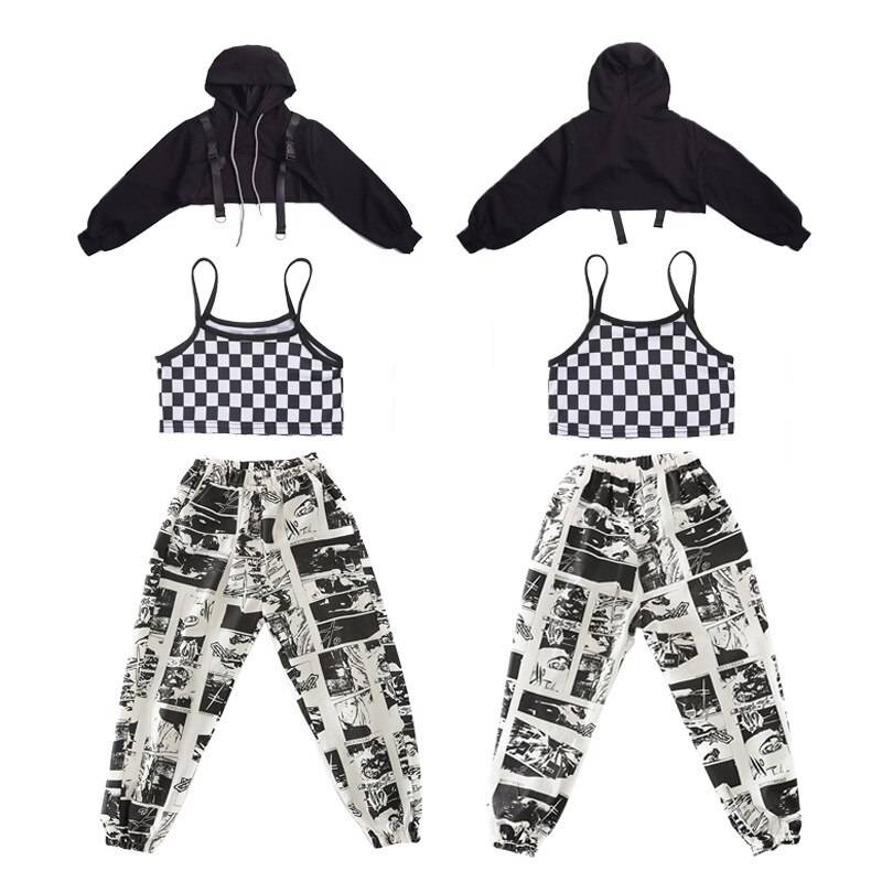 Kid Hip Hop Clothing Black Hoodie Sweatshirt Crop Top Long Sleeve Shirt Streetwear Print Jogger Pants for Girls Dance Costume 