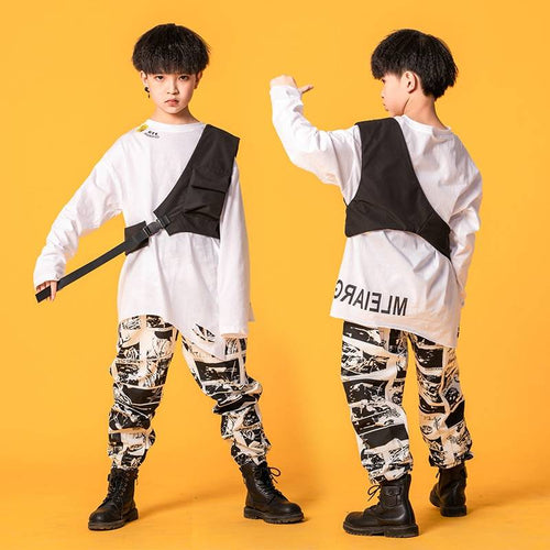 Kid Hip Hop Clothing Oversized Shirt One Shouler Top Streetwear Harajuku Jogger Pants for Girls Boys Dance Costume Clothes Set 