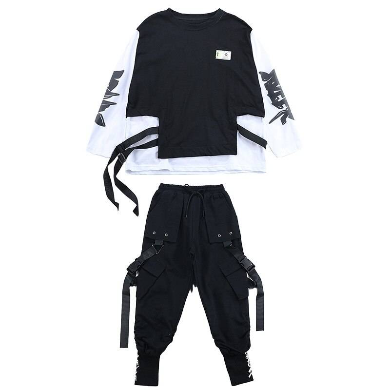 Kid Hip Hop Clothing Sweatshirt Oversized Shirt Top Streetwear Harajuk Tactical Cargo Pants for Girls Boys Dance Costume Clothes color: shirt pants set size: 170 