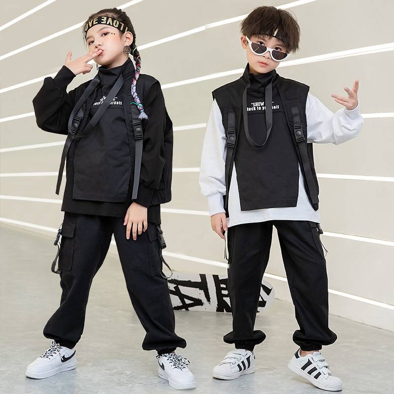 Kid Hip Hop Clothing Sweatshirt Top Streetwear Tactical Cargo Pants Sleeveless Jacket Vest for Girls Boys Dance Costume Clothes 
