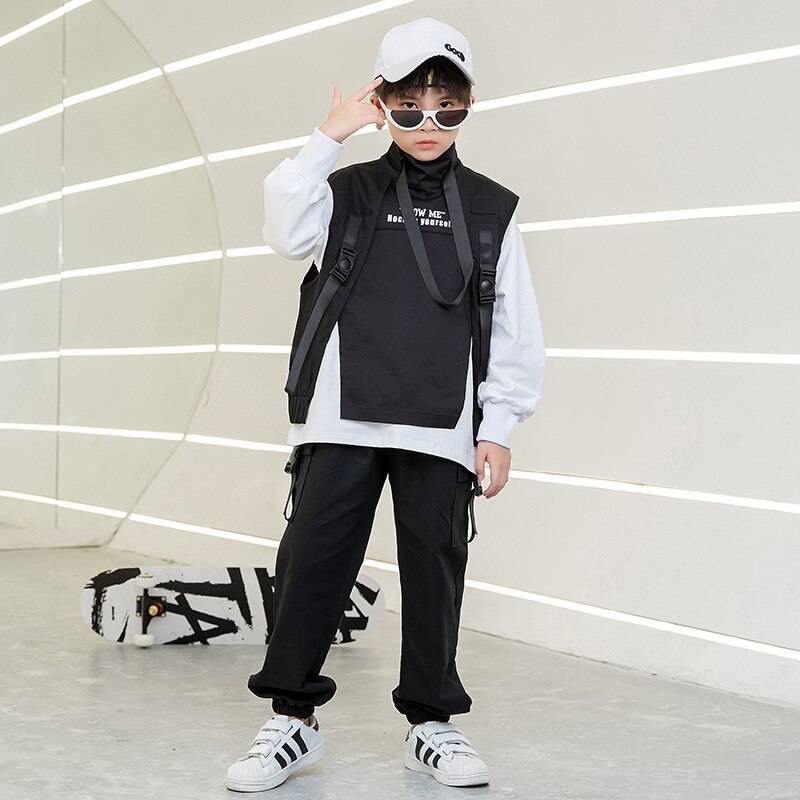 Kid Hip Hop Clothing Sweatshirt Top Streetwear Tactical Cargo Pants Sleeveless Jacket Vest for Girls Boys Dance Costume Clothes 