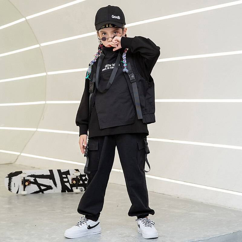 Kid Hip Hop Clothing Sweatshirt Top Streetwear Tactical Cargo Pants Sleeveless Jacket Vest for Girls Boys Dance Costume Clothes 