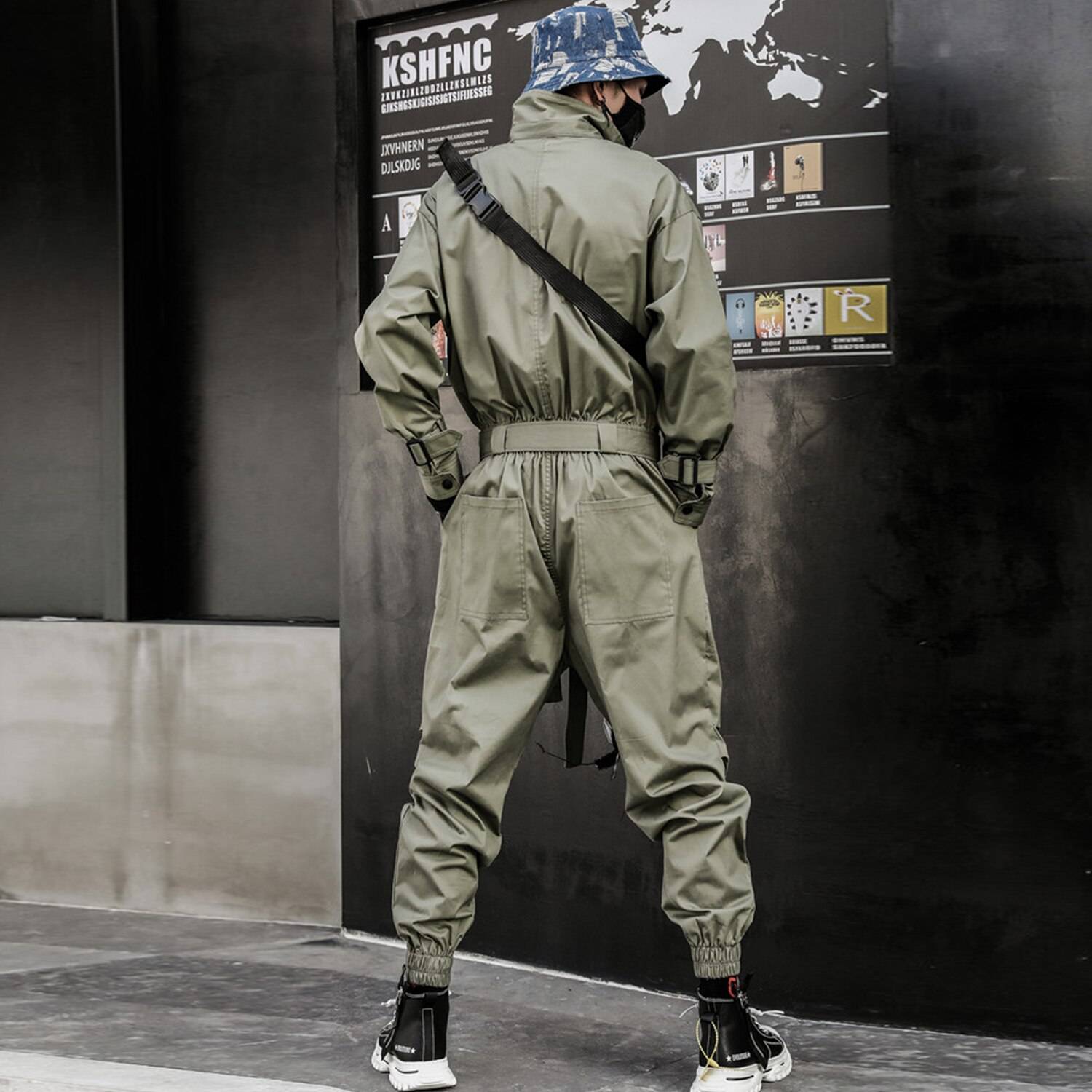 LACIBLE 2020 Hip Hop Streetwear Jumpsuits Men Ribbon Embroidered Cargo Pants Long Sleeve Rompers Joggers Techwear Men 
