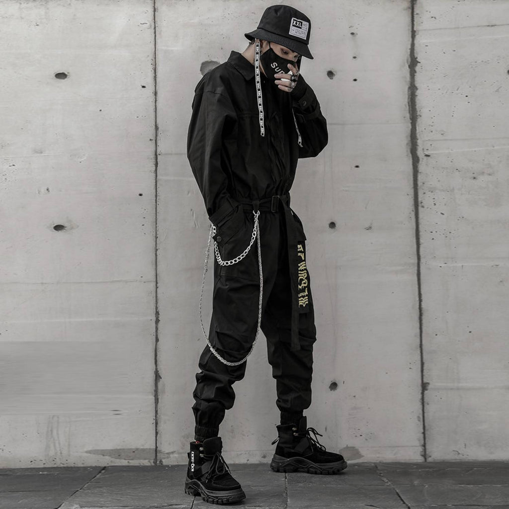 LACIBLE 2020 Hip Hop Streetwear Jumpsuits Men Ribbon Embroidered Cargo Pants Long Sleeve Rompers Joggers Techwear Men 