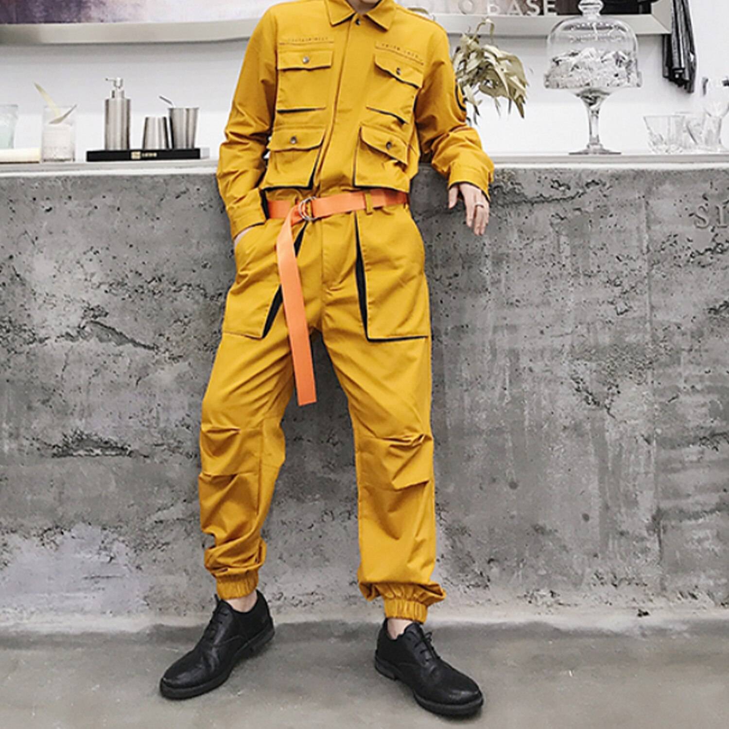 LACIBLE Techwear Overalls Hip Hop Streetwear Jumpsuit Men Fashion Multi Pockets Ribbons Cargo Pants Long Sleeve Rompers Joggers 