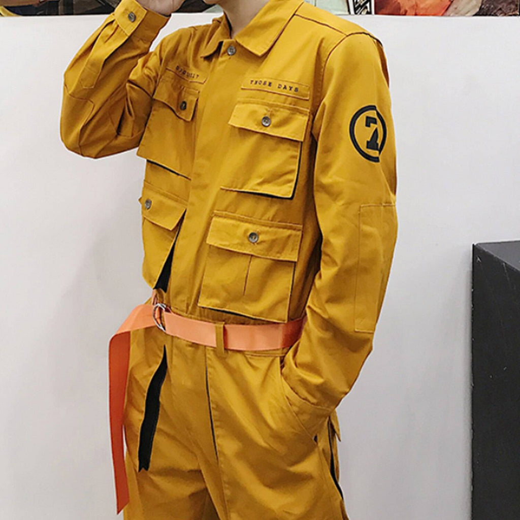 LACIBLE Techwear Overalls Hip Hop Streetwear Jumpsuit Men Fashion Multi Pockets Ribbons Cargo Pants Long Sleeve Rompers Joggers 