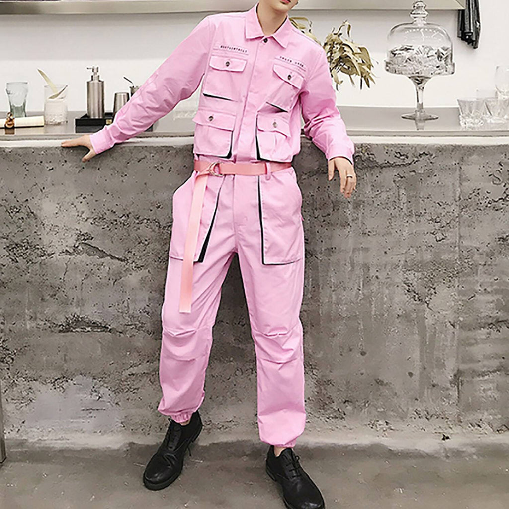 LACIBLE Techwear Overalls Hip Hop Streetwear Jumpsuit Men Fashion Multi Pockets Ribbons Cargo Pants Long Sleeve Rompers Joggers size: S color: Pink 
