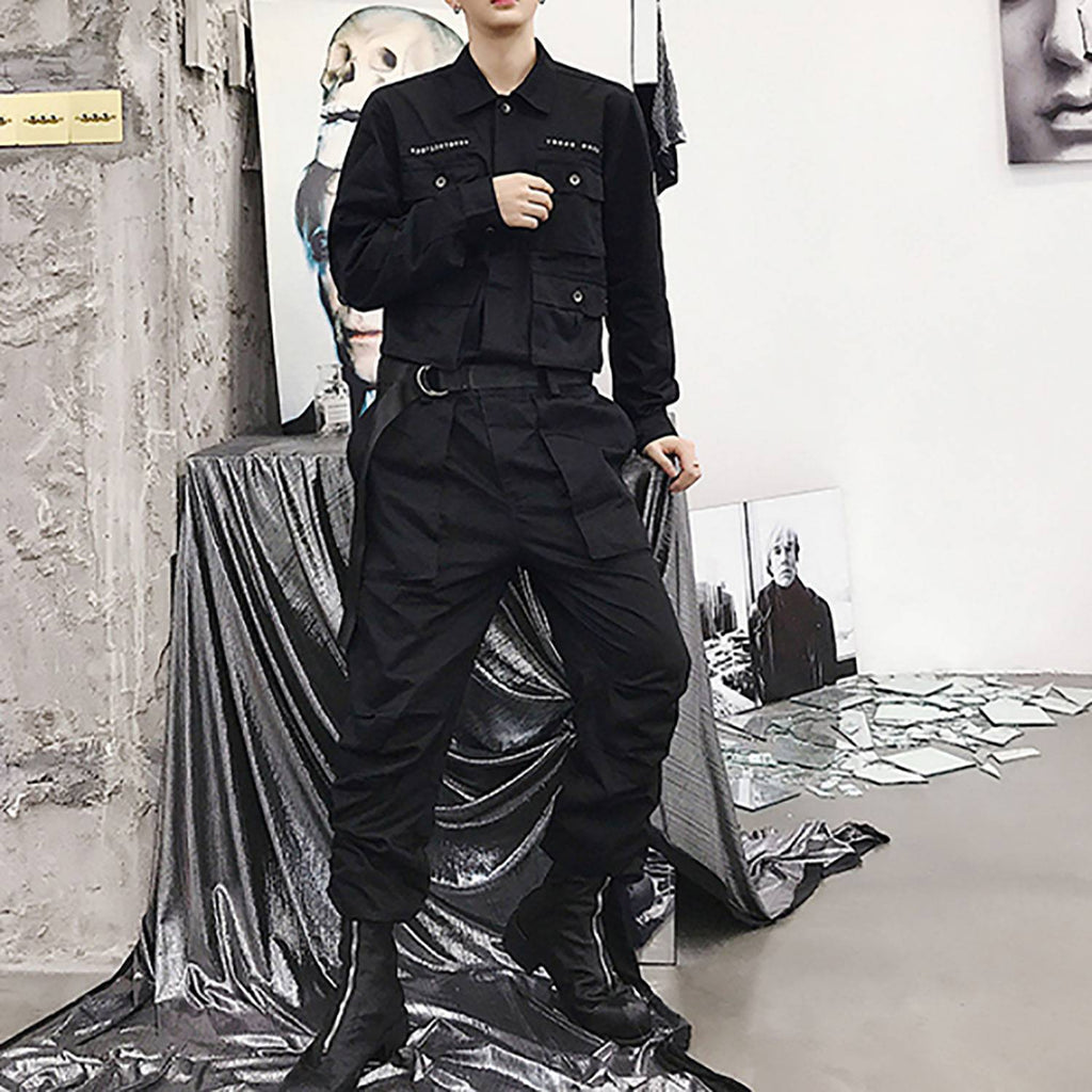 LACIBLE Techwear Overalls Hip Hop Streetwear Jumpsuit Men Fashion Multi Pockets Ribbons Cargo Pants Long Sleeve Rompers Joggers 