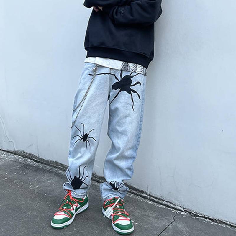 Men&#8217;s Black Spider Washed Color Streetwear Jeans 