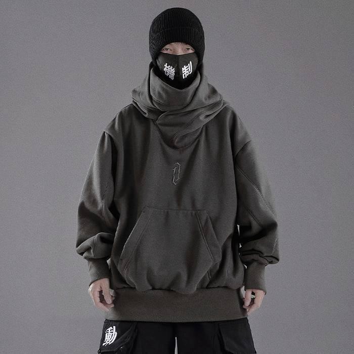 Men&#8217;s Ninja Style Double Neckline Oversized Hoodie 