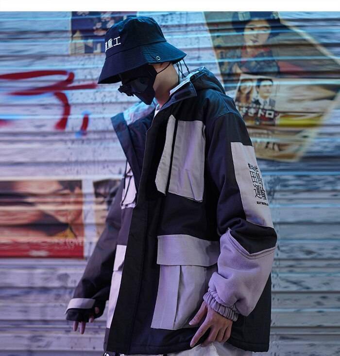 Men&#8217;s Patchwork Oversized Padded Techwear Windbreaker 