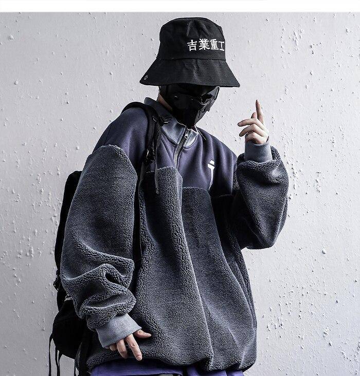 Men&#8217;s Plush Oversized Techwear Zipper Sweatshirt 