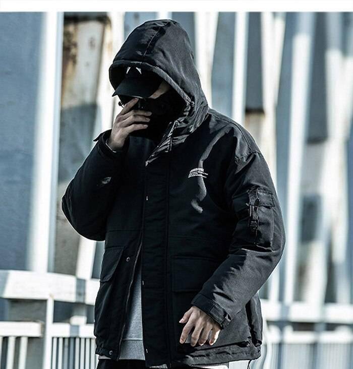 Men&#8217;s Solid Black Padded Techwear Windbreaker 