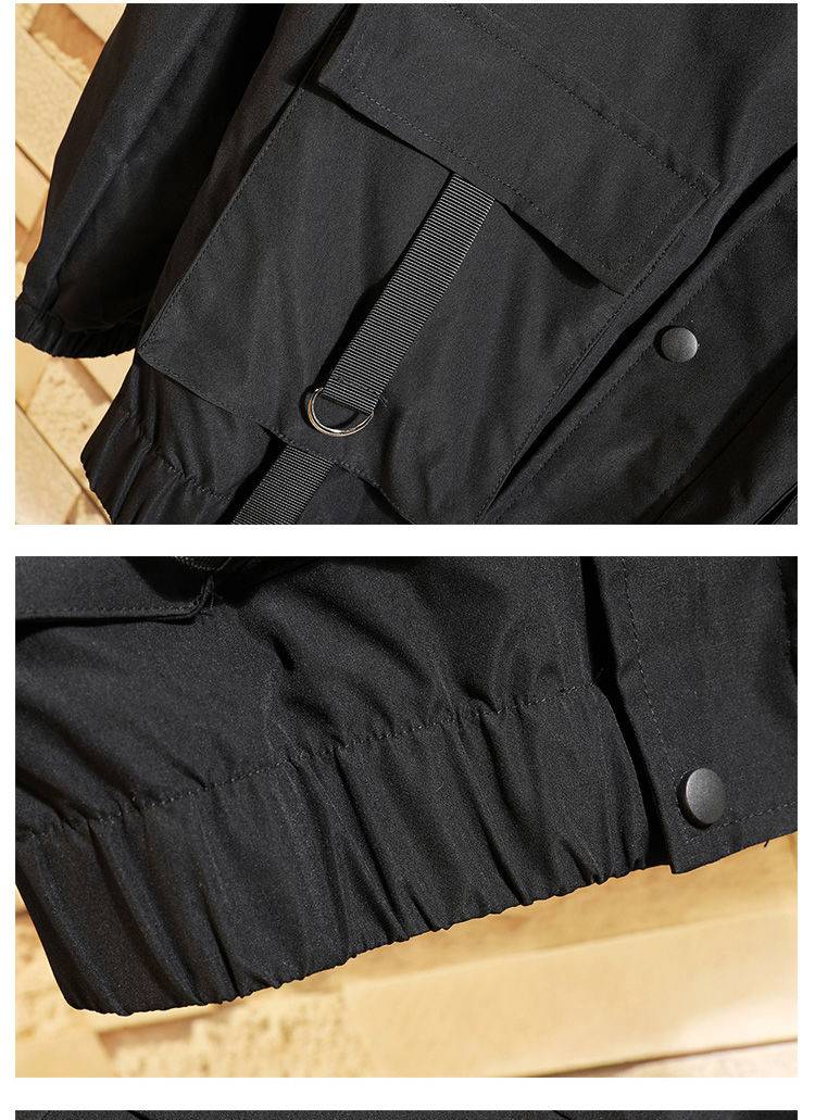 Men&#8217;s Solid Black Tactical Straps Techwear Parka 