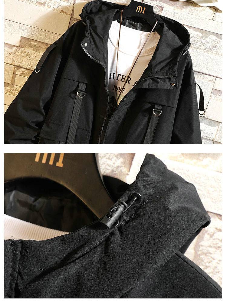 Men&#8217;s Solid Black Tactical Straps Techwear Parka 