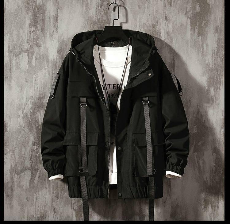 Men&#8217;s Solid Black Tactical Straps Techwear Parka 