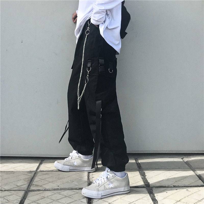 Men&#8217;s Tactical Straps Techwear Cargo Pants with Chains 