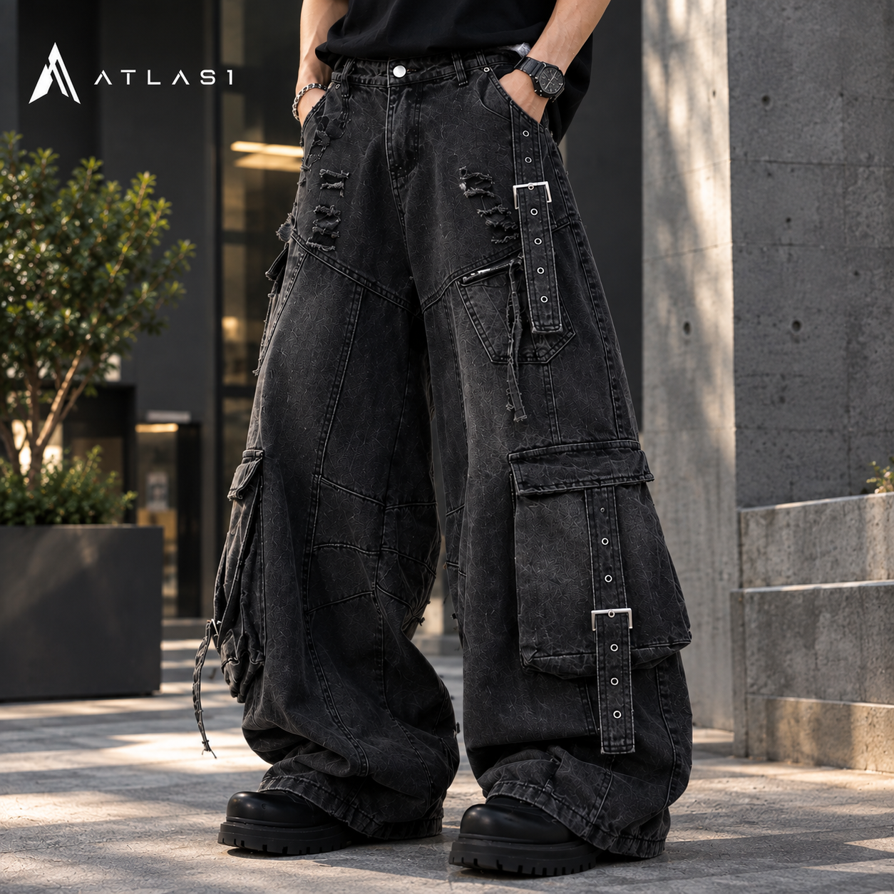 Men's Solid Color Multi Pocket Wide Leg Jeans