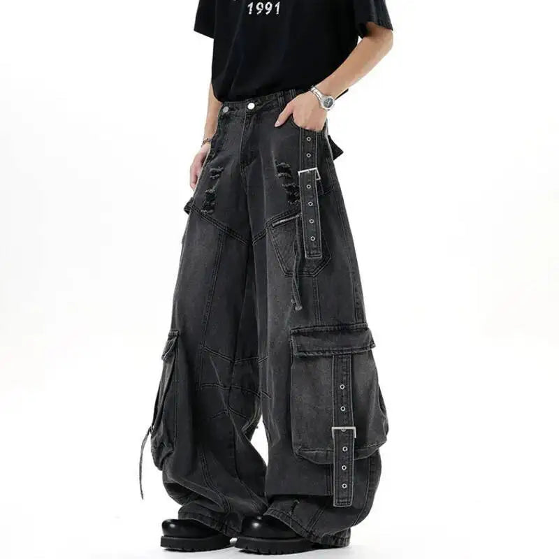 Men's Solid Color Multi Pocket Wide Leg Jeans