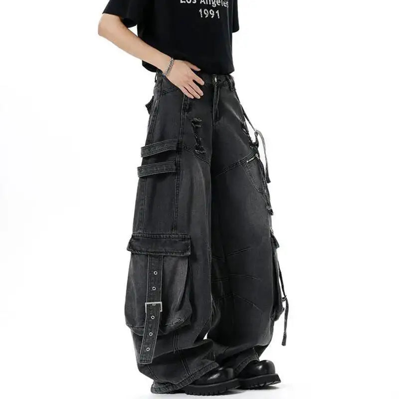 Men's Solid Color Multi Pocket Wide Leg Jeans