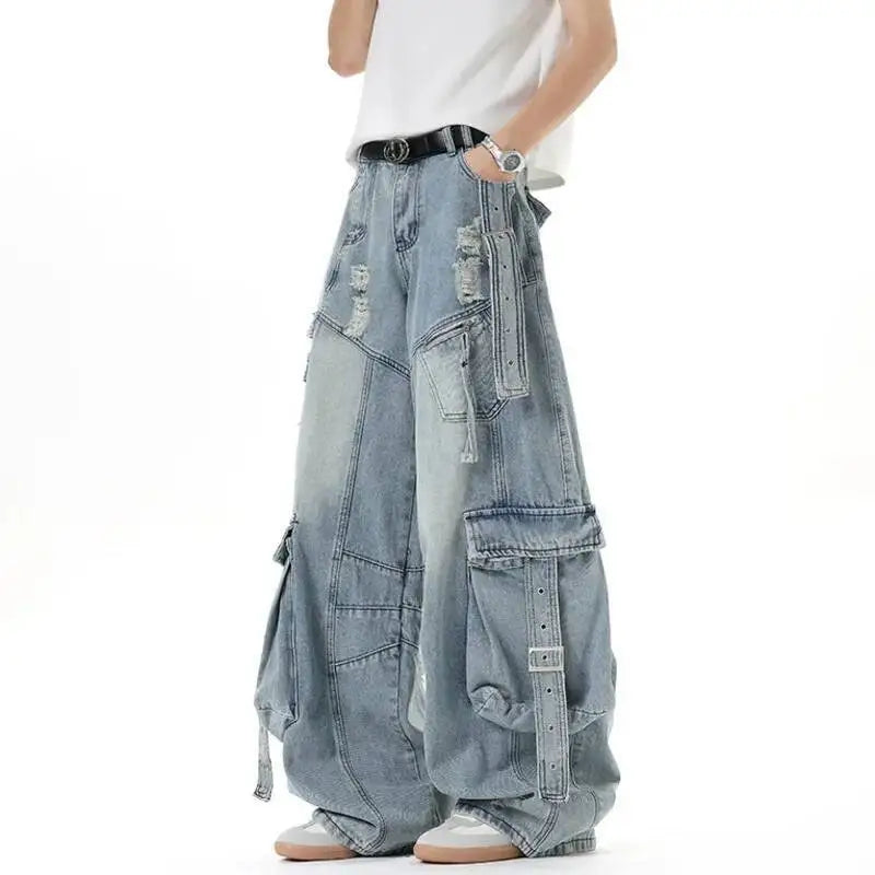 Men's Solid Color Multi Pocket Wide Leg Jeans