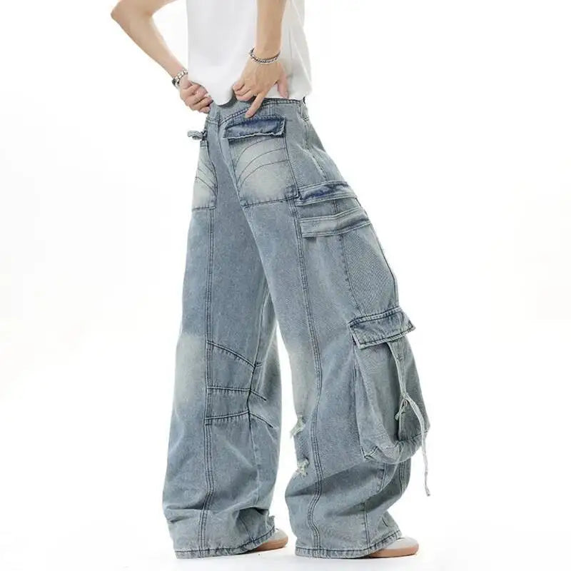 Men's Solid Color Multi Pocket Wide Leg Jeans