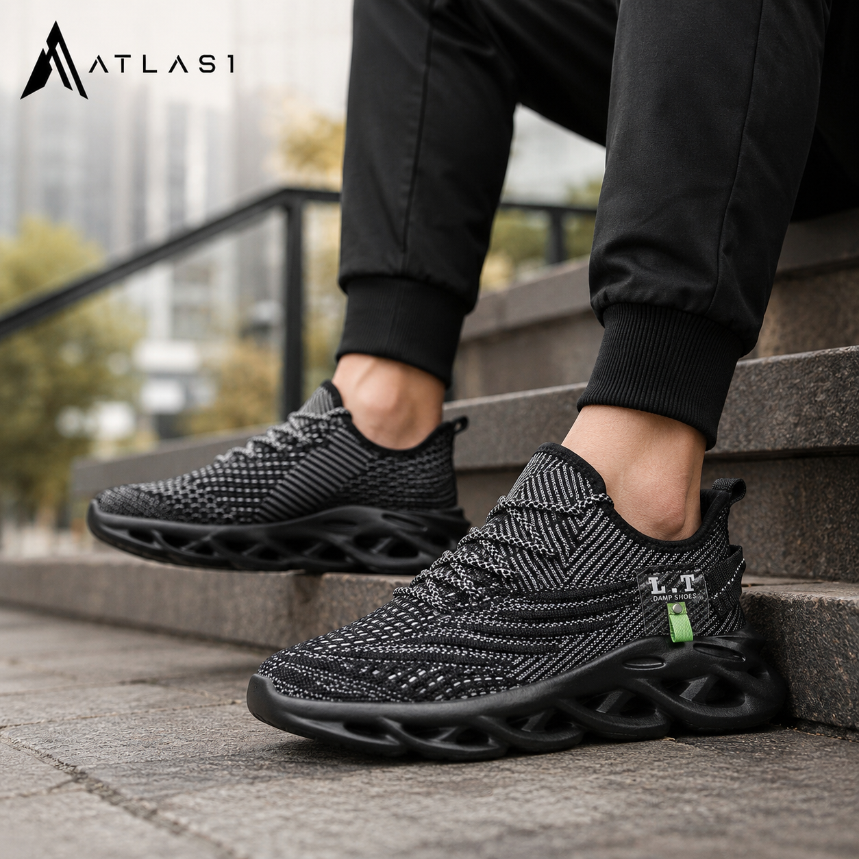 Men's Techwear Breathable Black Running Sneakers