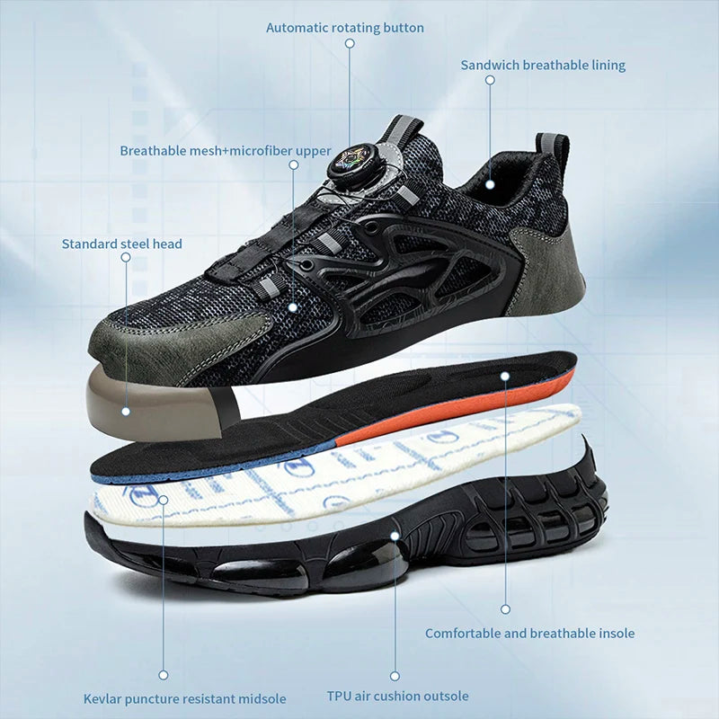 Men's Techwear Rotating Button Steel Toe Safety Shoes